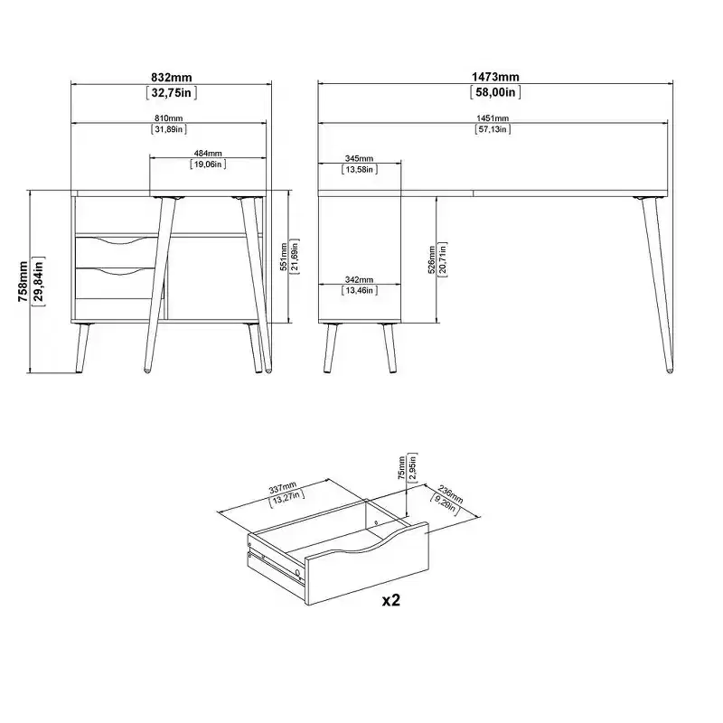 Tvilum, Diana 2 Drawer, 3 Shelf Desk
