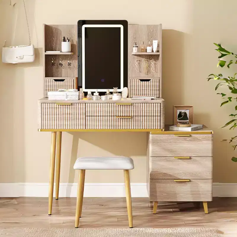 7-Drawer Dressing Table with LED Mirror and Carved Details, Grooved Makeup Vanity with Metal Legs and PU Stool, Featuring Jewelry Storage