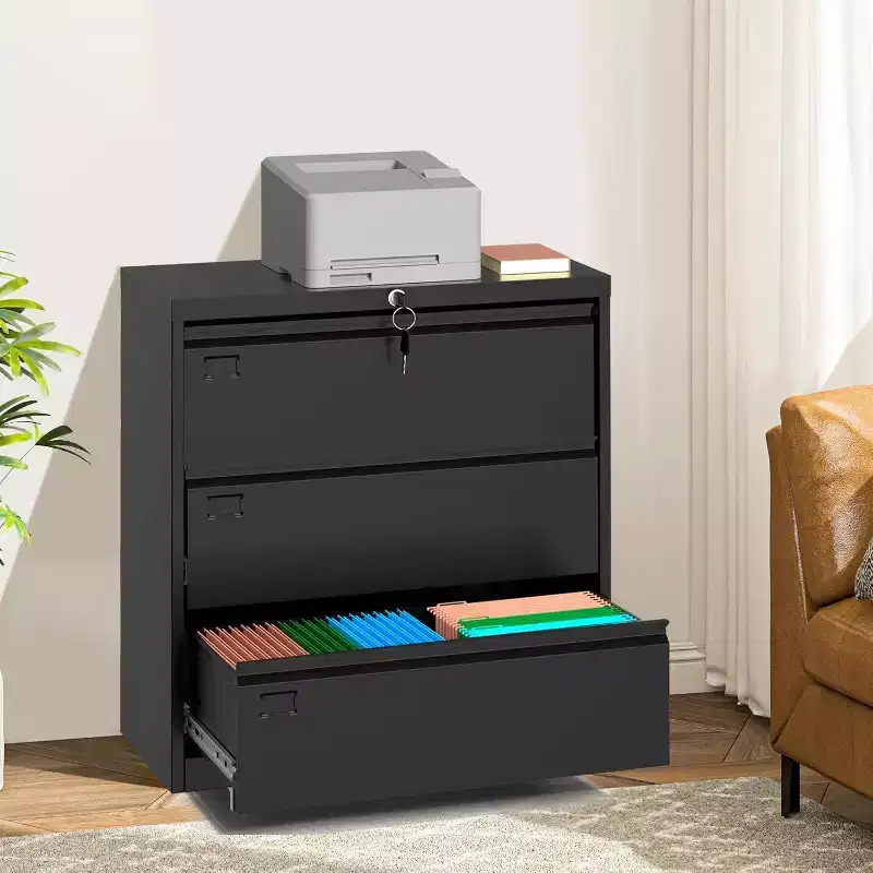 3-Drawer Lateral File Cabinet with Lock, Metal Storage Organizer for Letter/Legal/A4 Files, Space-Saving Black Office Cabinet