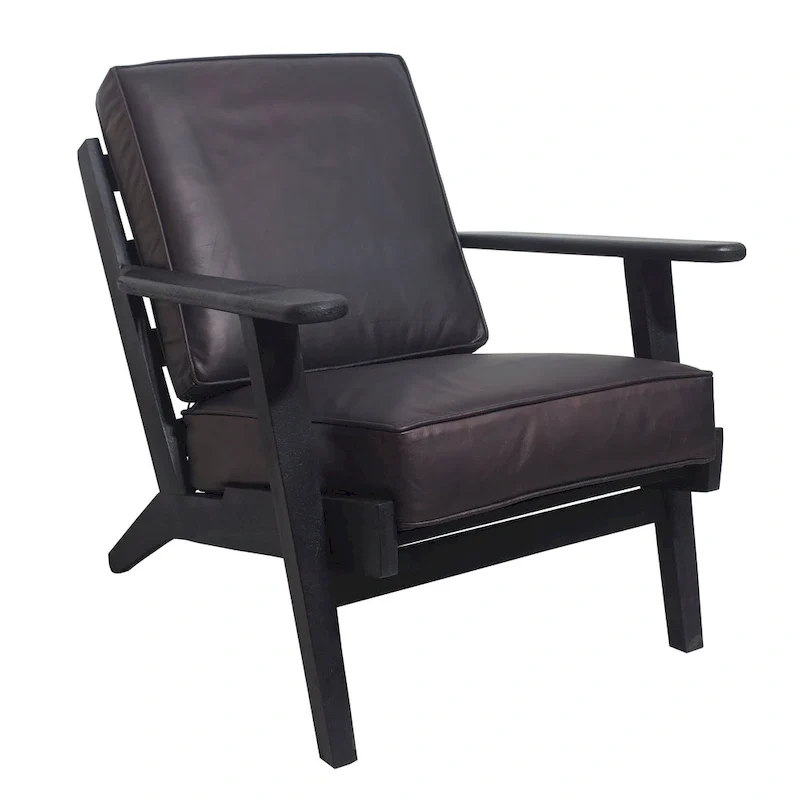 Amber Accent Chair, Handcrafted Slatted Mango Wood, Buffalo Leather Cushions, Angled Legs