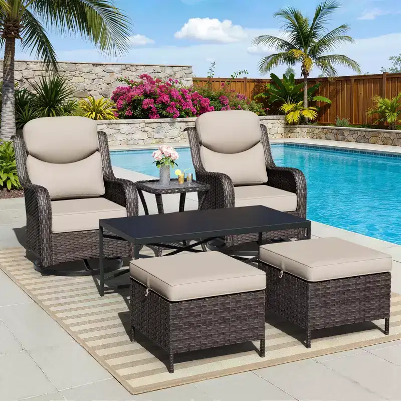UPTIOT Outdoor Rocking Chair Set with Ottomans and Tables
