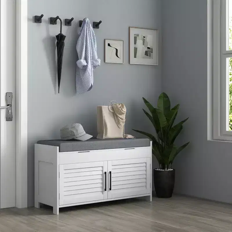 HOMCOM Shoe Bench, Modern Entryway Bench with Cushion and Hidden Compartments, 35.4 Shoe Organizer with Adjustable Shelves and Shutter Doors, White