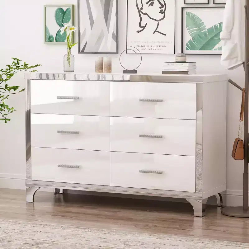 MAYEERTY High Gloss Dresser with Metal Handle Mirrored Storage Cabinet with 6 Drawers for Bedroom White