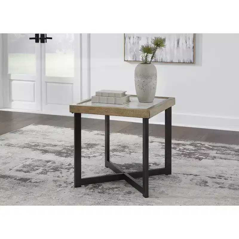 Square End Table with Sintered Stone Top & Lower Shelf, Brown/Black, 25
