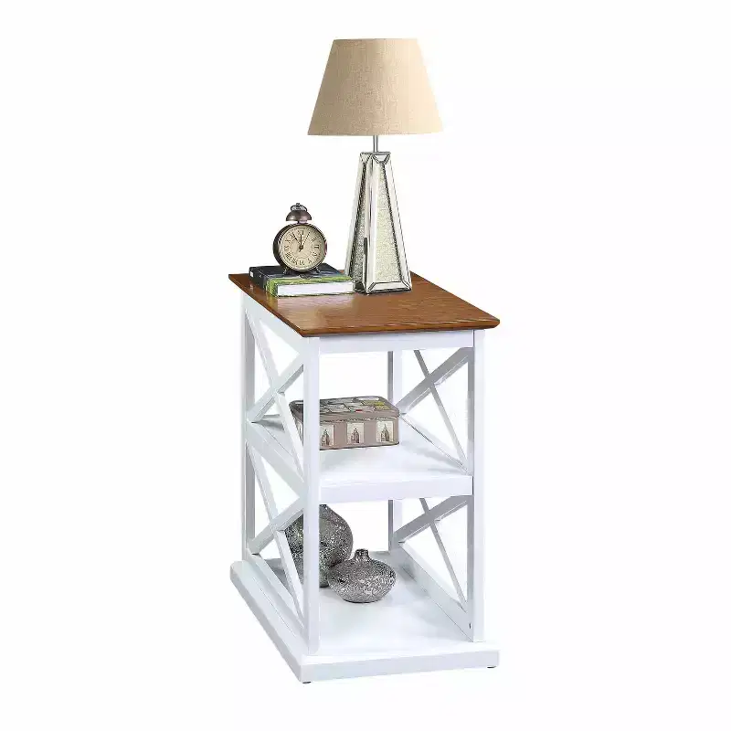 HomeStock Belmont Chairside End Table with Shelves Double X Side Design Three-Tier Display Solid Wood Accent Furniture for Living Room