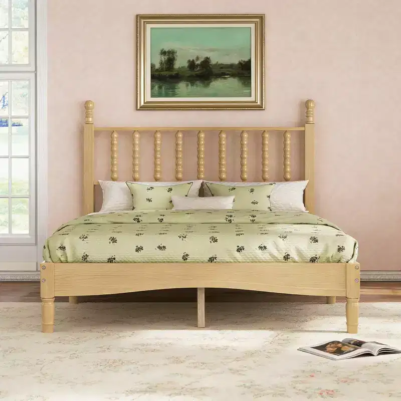 Luxystar Retro Wooden Platform Bed with Gourd Shaped Headboard
