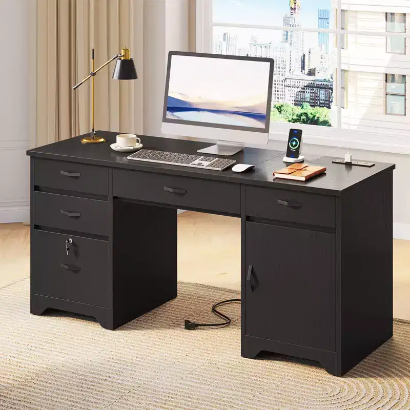 59'' Office Desk with Charging station& Keyboard Tray, Modern Executive Computer Desk with File Drawers & Cabinets for Study & Bedroom