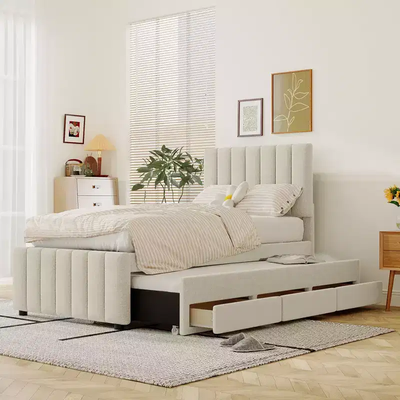 Twin/Full Size Platform Bed, Wooden Upholstered Bed Frame with Twin Trundle Bed and 3 Drawers - ModernLuxe