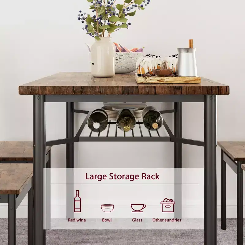 Brown Farmhouse 5-Piece Dining Set for 4, Rectangular Wood Kitchen Table with 4 Chairs & Storage Shelf for Dining Room Small Spaces