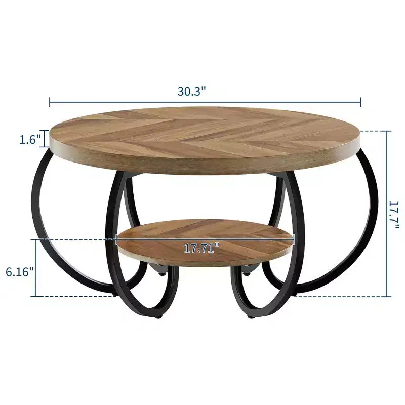 30 Inch Round Industrial Coffee Table 2-Tier with Adjustable Feet Wood Grain Shelf Flame Design Easy Assembly Living Room