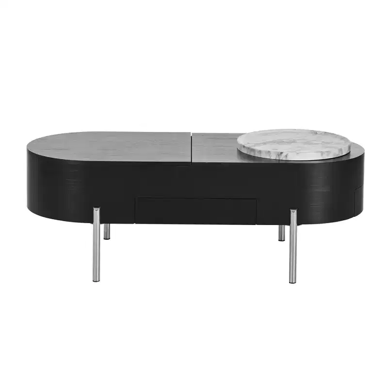 Lift Top Coffee Table Wooden Center Table with 360 Marble-patterned Rotating Tray, 3 Drawers and Hidden Compartment, Brown/Black-ModernLuxe