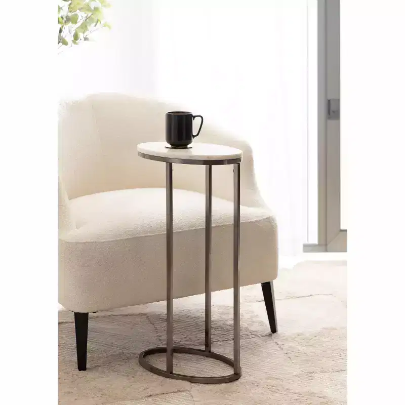 Marble Oval C-Table, White, 14x9x28 Inch