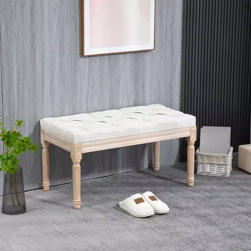 French Vintage End of Bed Bench, Linen Upholstered Bench with Thick Padded Seat and Wood Legs, Tufted Bedroom Bench