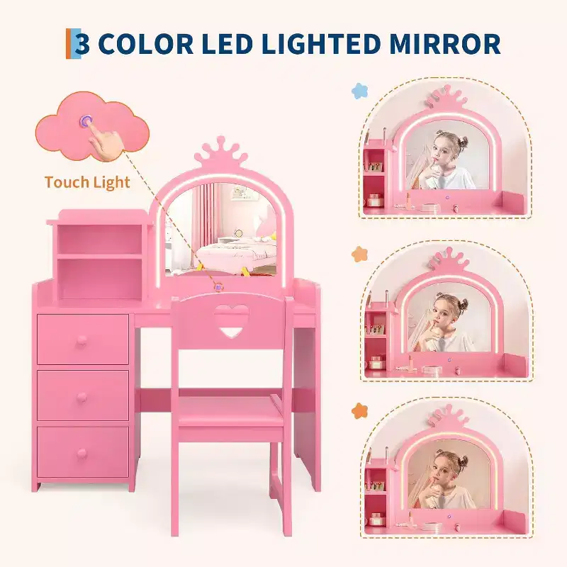 Vanity Desk with Mirror and Lights for Little Girls, Makeup Vanity Set with Drawers & Open Storage Shelves, Wooden Princess Dressing Table for Bedroom