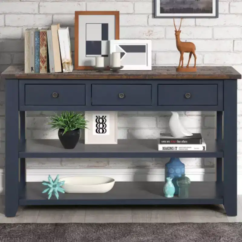 Solid Pine Wood Top Console Table, Modern Entryway Sofa Side Table with 3 Storage Drawers and 2 Shelves, Easy to Assemble