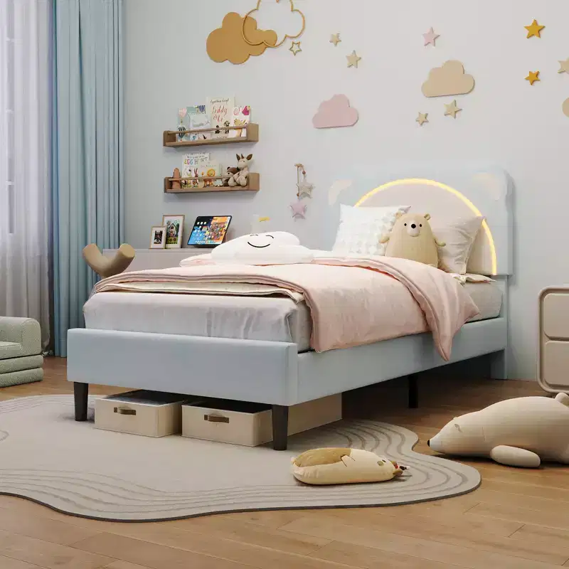 Twin Upholstered Platform Bed Frame with Adjustable Headboard, Smart LED and Wooden Slats Support, No Box Spring Needed
