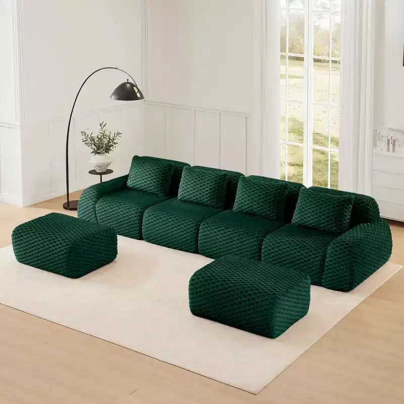 146 U-Shaped Modular Sofa Flannelette 4-Seater Ottoman Buckle No Assembly Green