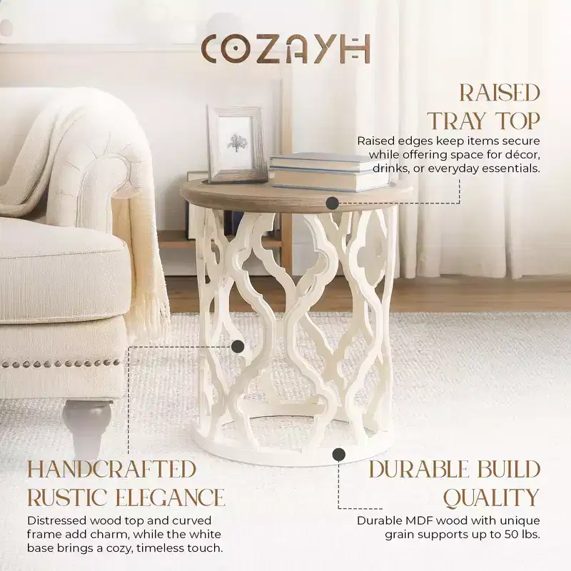 COZAYH Rustic Table Round Accent Wood Tray Top Curved Base Furniture, Set of 2