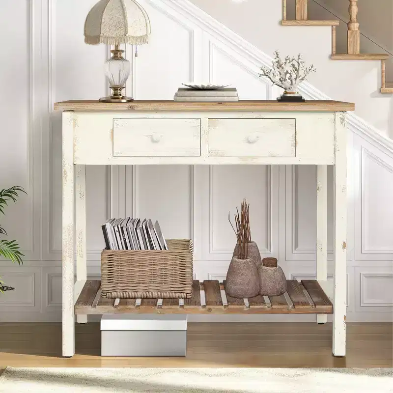 Schultz Rustic Fir Wood Console Table with 2 Drawers and 1 Open Lower Shelf