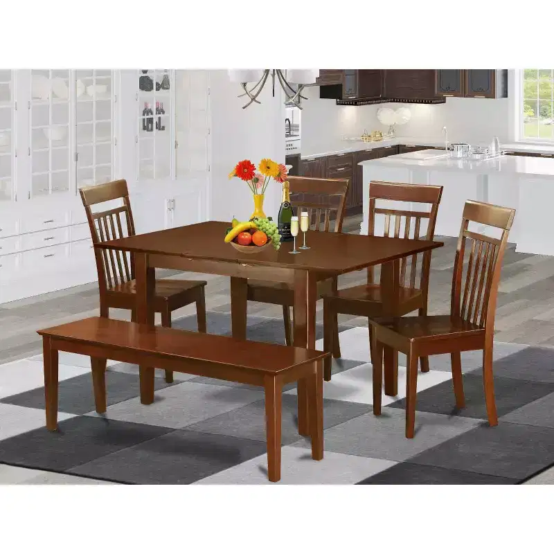 Asian Dining Room Set - 6 Piece Table & Chair Set - Solid Wood Kitchen Table with Bench