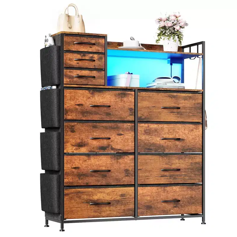 Dresser for Bedroom, 11-Drawer Fabric Storage Dresser with Charging Station & Lights
