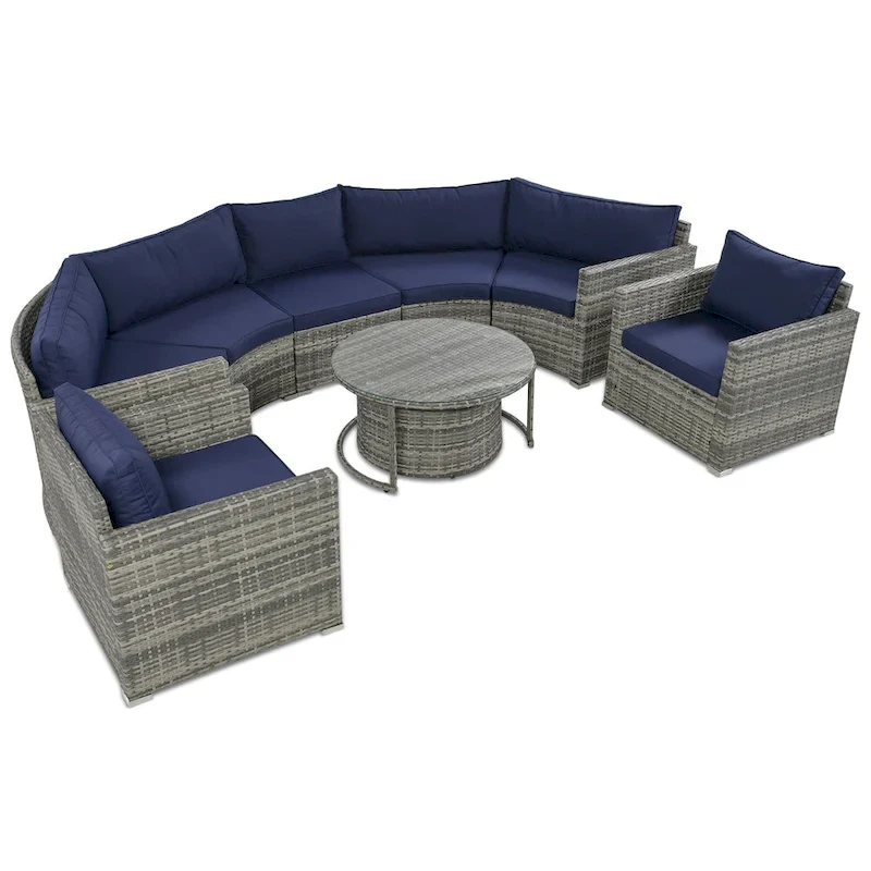 9-Piece Half-Moon Sectional Set with Nesting Table & Armchairs