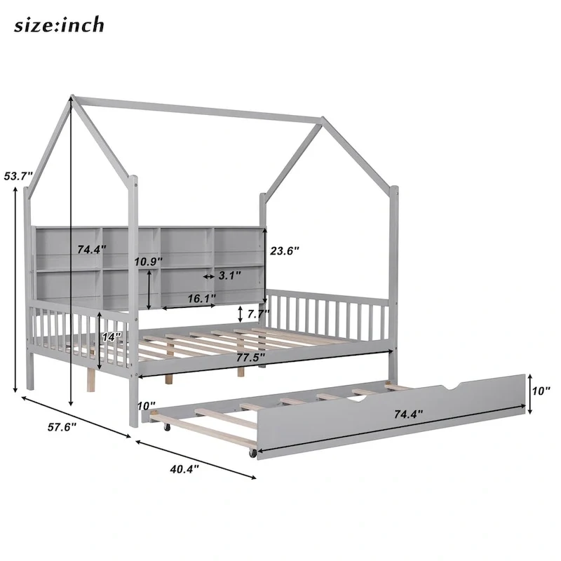 Full Solid Wood House Day Bed with Trundle