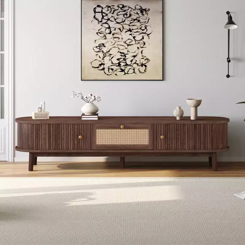 Natural Brown Rattan-Front TV Stand with Sliding Doors & Drawer, Fits up to 75