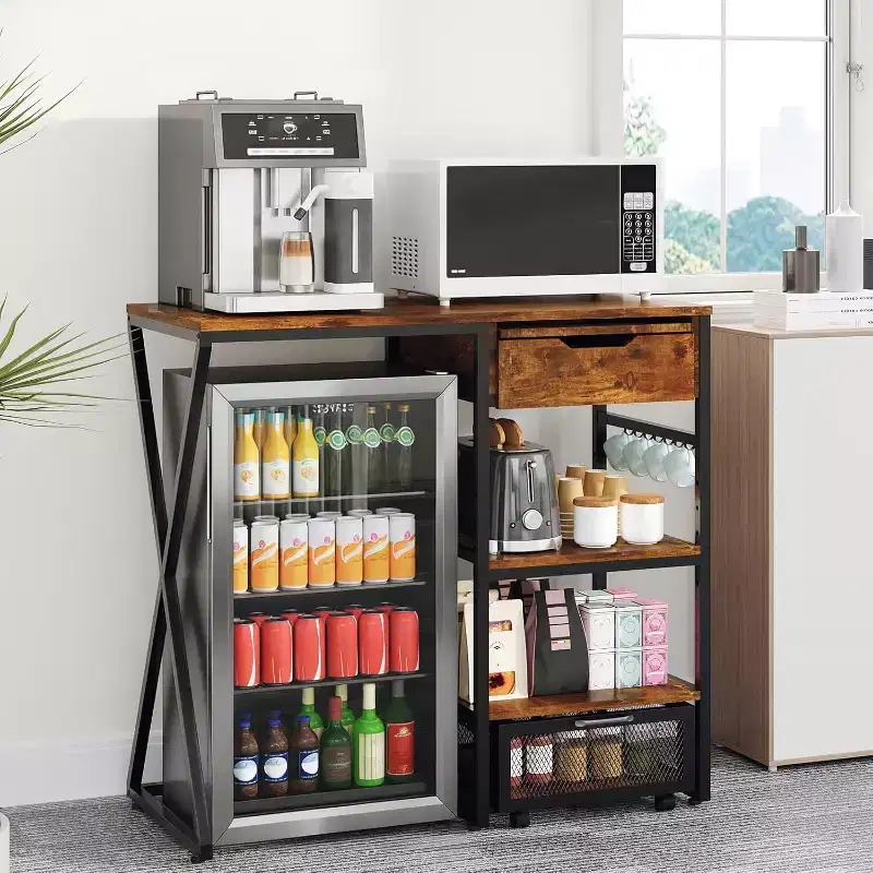 Fridge Stand with Storage Shelf, Adjustable Top Shelf for Microwave Stand & Coffee Bar, TV Stand for Dorm, Apartment, Kitchen, Office in Rustic Brown
