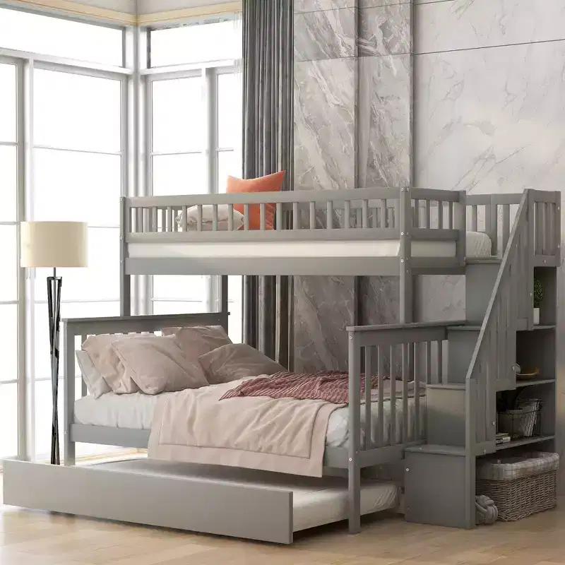 Twin over Twin Bunk Bed with Trundle and Storage Staircase, Solid Wood Stairway Bunk Bed for Kids Teens Adults