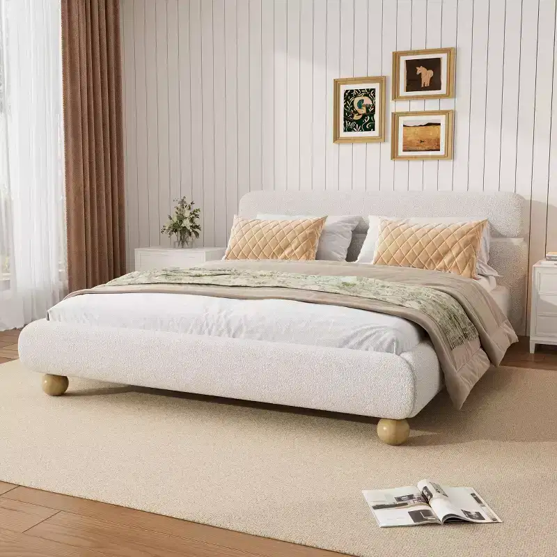Contemporary Low Profile Upholstered Bed with Teddy Fleece Fabric, White