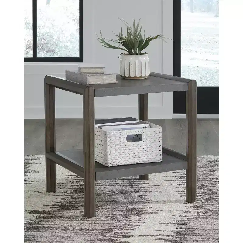 Signature Design by Ashley Kallenny End Table - Dark Brown Oak Finish with Faux Cement Top, Open Display Shelf