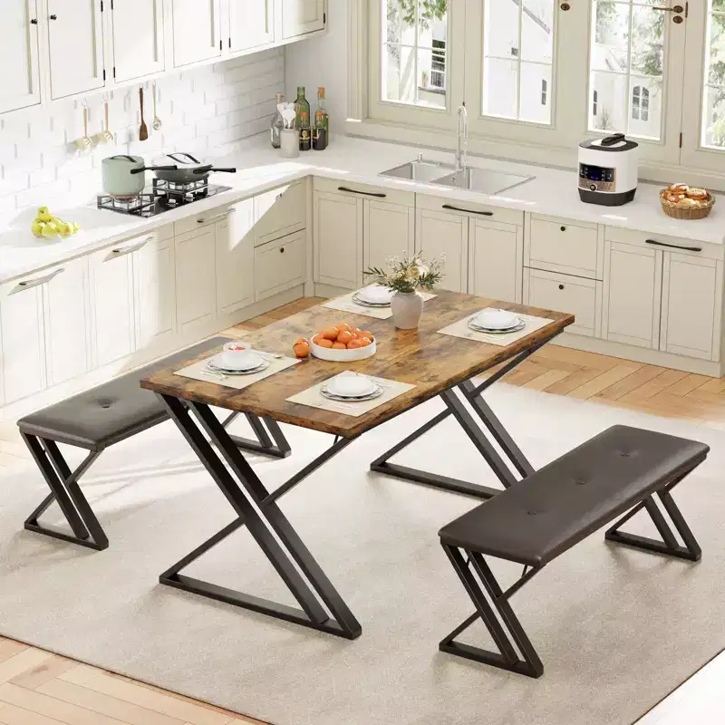 Dining Table, Kitchen Table for 4, 3 Piece Dining Table with 2 Benches for Small Space, Apartment, Dining Room, Saving Space