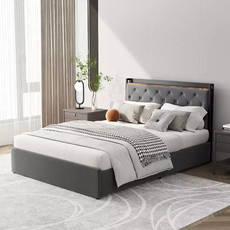 Velvet Upholstered Platform Bed Frame with 4 Drawers and Storage Headboard, with Charging Station, No Box Spring Needed, Noise Free