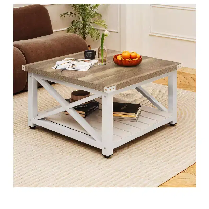 Square Farmhouse Coffee Table with Bottom Shelf - Wood, Grey Wash, 31.5