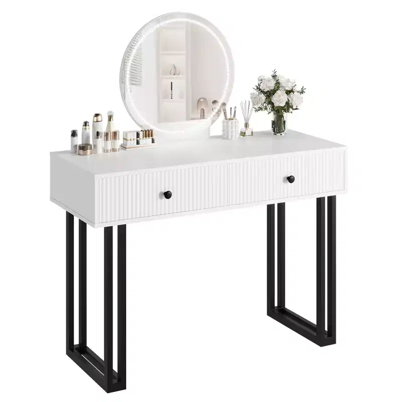 Double-Drawer Round Mirror Vanity Table - Modern Style Vanity Table with Lighting, Sturdy Iron Frame, MDF Construction, Two Spacious Drawers