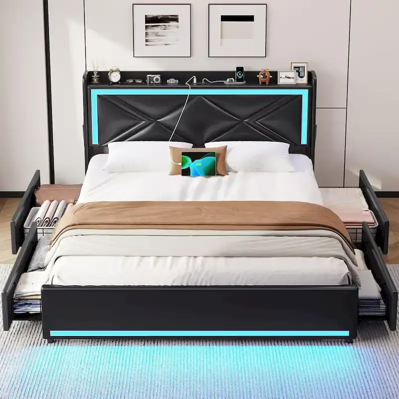 Bed Frame LED Lights Headboard & USB-C/A Charging Station 4 Drawers