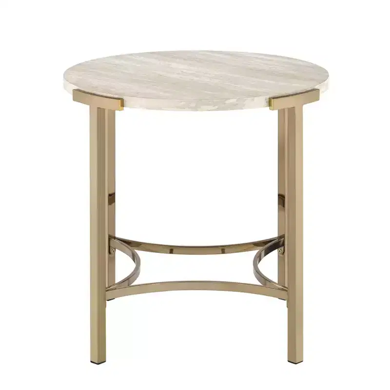 Modern Round End Table – Champagne Gold Legs & Faux Marble Top, 24x24 in