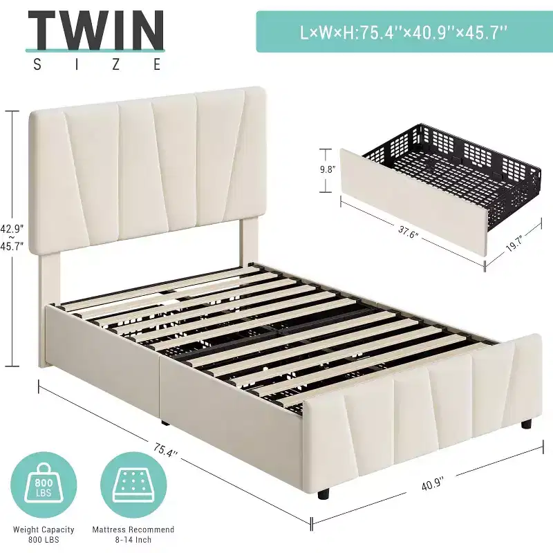 Queen Size Bed Frame with Adjustable Headboard and 4 Storage Drawers, Soft Upholstered Platform Bed Frames with Wooden Slats Support