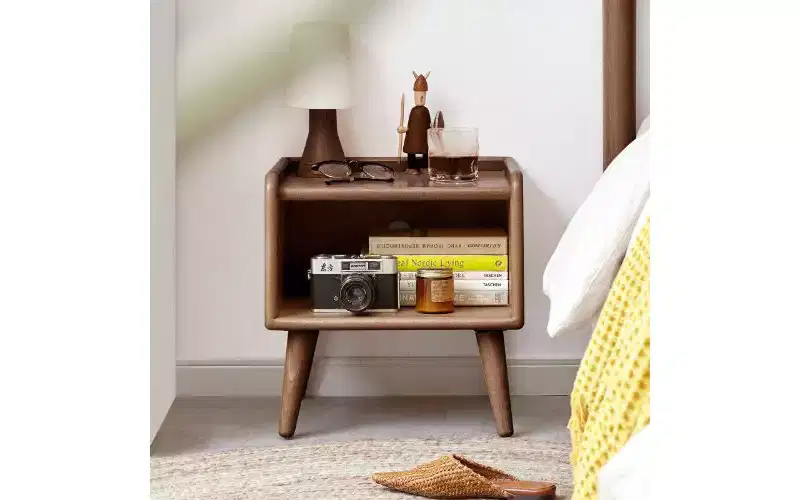 European Beechwood Round Nightstand with Cable Management, Space-Saving Small Side Table for Bedroom Living Room, Modern Bedside Table