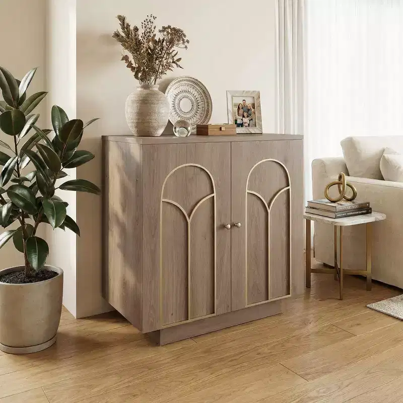 30.3 H in. Accent Cabinet Office Storage Cabinet with 1 Shelf and Gold Trim, Arched Doors