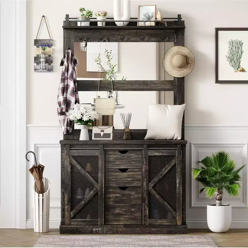 Hall Tree With Shoe Cubbies & 7 Coat Hooks,and 3 Drawers for Hallway,Mudroom Bench With Shoe Storage Bench,Entryway Furniture,Dark Oak