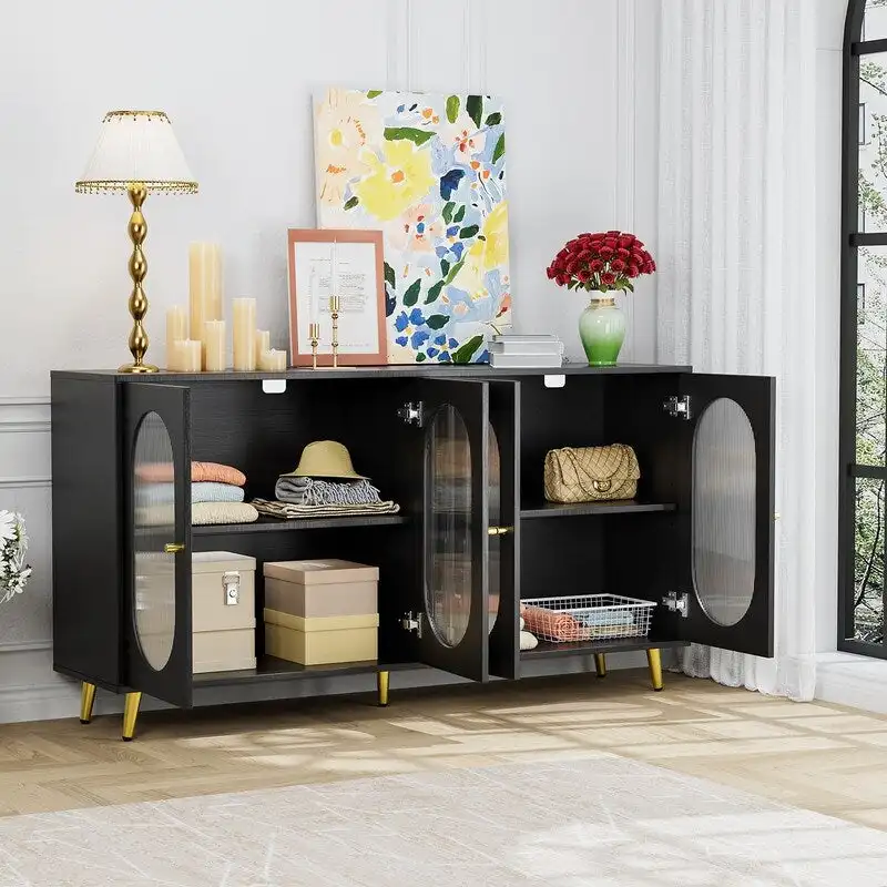 Grondin Modern Minimalist Wooden Sideboard Buffet Storage Cabinet with 4 Acrylic Doors and Interior Adjustable Shelves