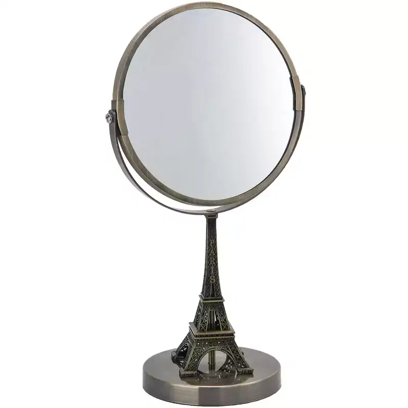 Eiffel Tower Embroidered Vanity Mirror - Rustic Brushed Gold, Double-Sided Standard & 3X Magnification, Parisian Style