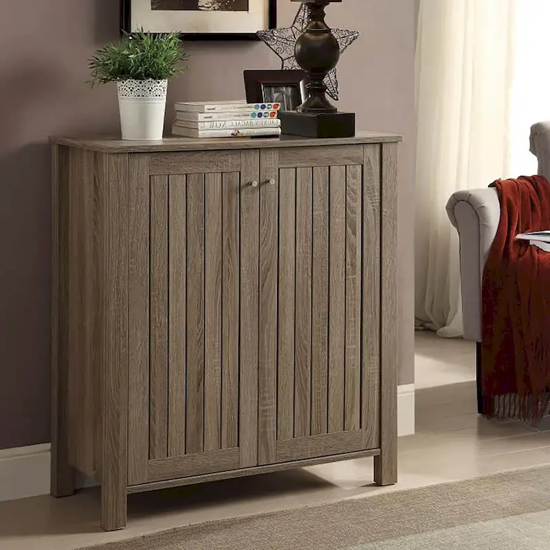 Narrow Shoe Cabinet, Industrial Shoe Storage Cabinet with 2 Flip Drawers, Adjustable Shelves, and Top Drawer