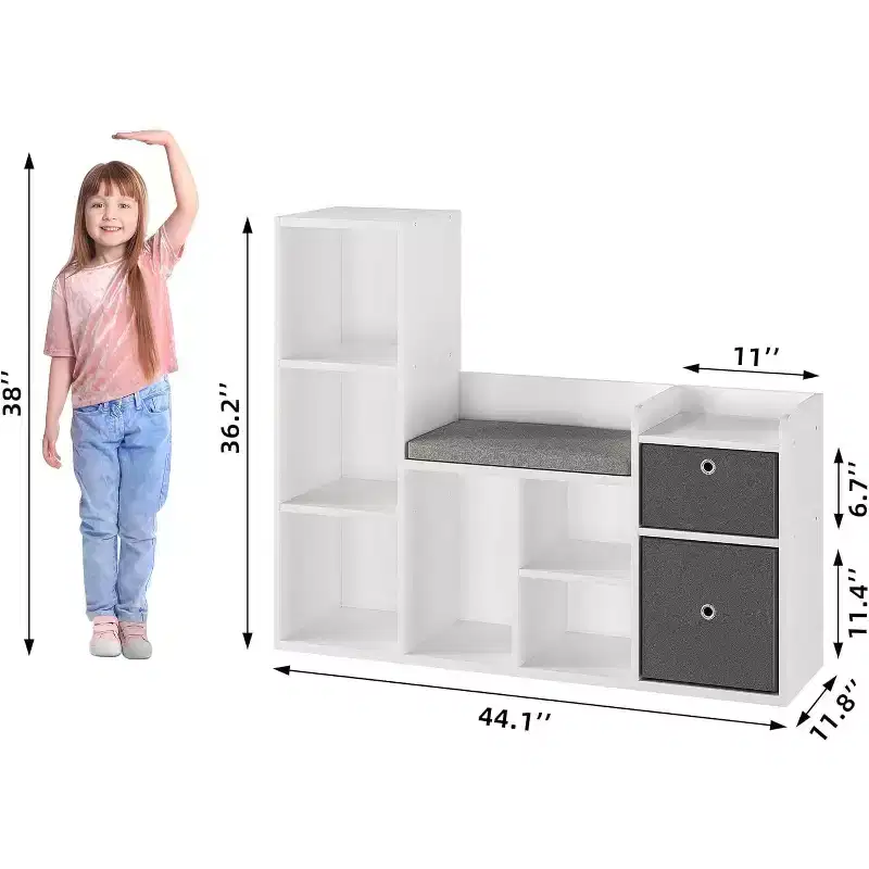 Kids Bookshelf, Dollhouse Bookcase, Reading Nook with Seat, 6-Cubby Kids Cabinet Storage Organizer with Drawers for Playroom Bedroom