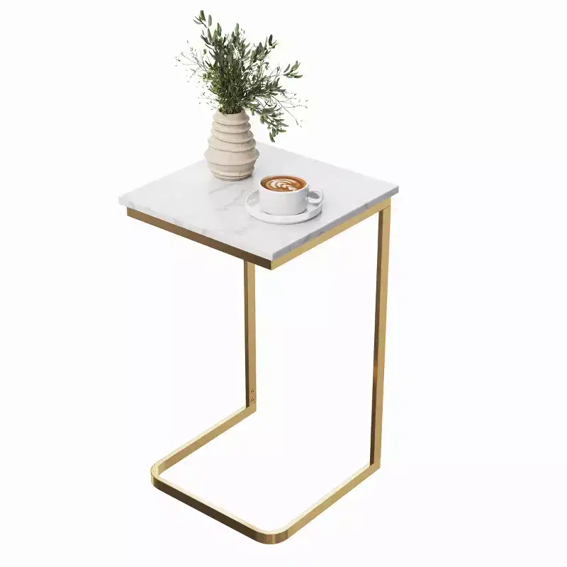 C-Shaped End Table with Marble Top and Gold Iron Frame