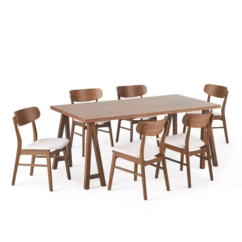 GDFStudio Alexis Mid Century Modern 7 Piece Fabric and Upholstered Rubberwood Dining Set