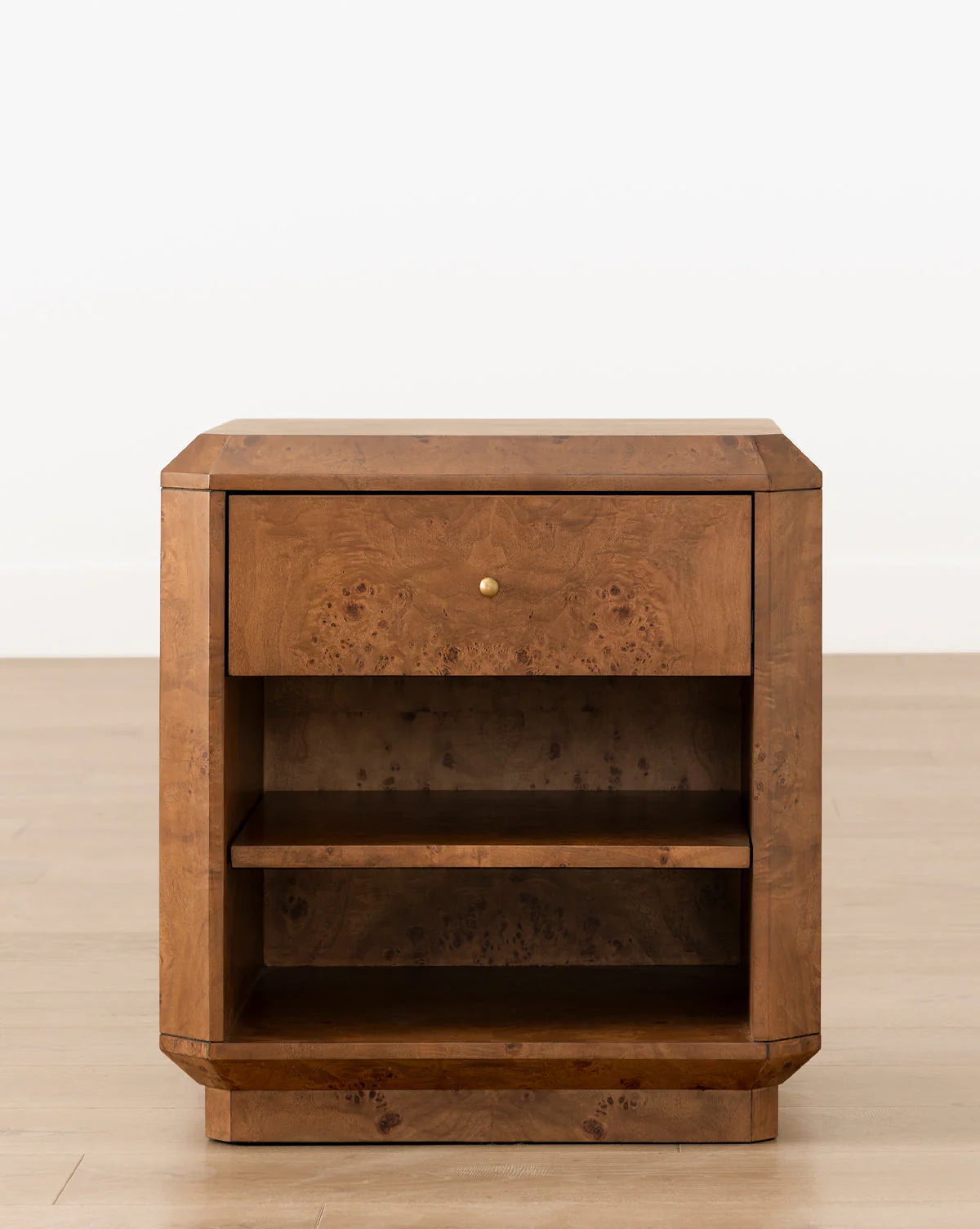 Artisan Burl Wood Nightstand with Single Drawer & Open Shelf for Bedroom