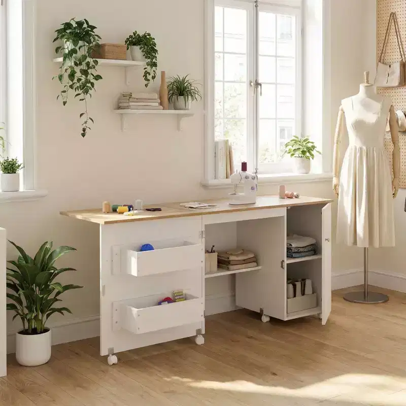 Folding Sewing Table with Storage, Large Sewing Machine Table with Shelves & Lockable Wheels, Multi-Functional Craft Desk for Home, Workroom